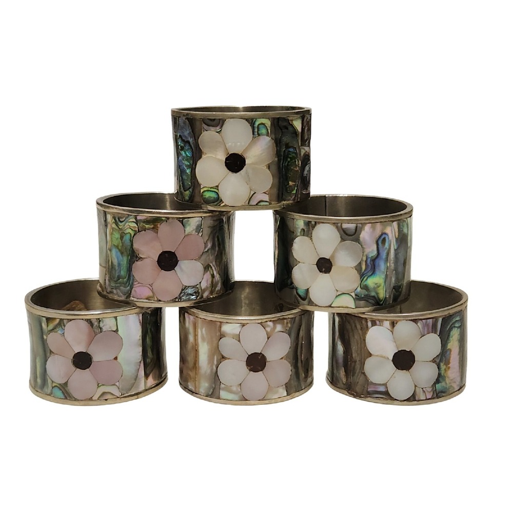 VINTAGE ABALONE Flowers MOTHER OF PEARL NAPKIN RING SET‎ 6 Silver Mexico